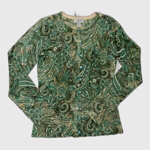 LOFT Cardigan Green Paisley Button Up Boho Business Casual Lightweight Knit